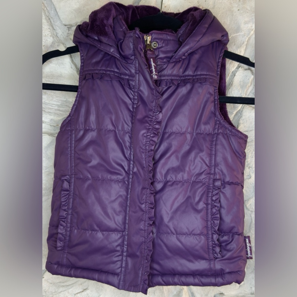 Weatherproof | Girl’s Purple Hooded Lined Puffer Vest with Ruffles, Size 4/5